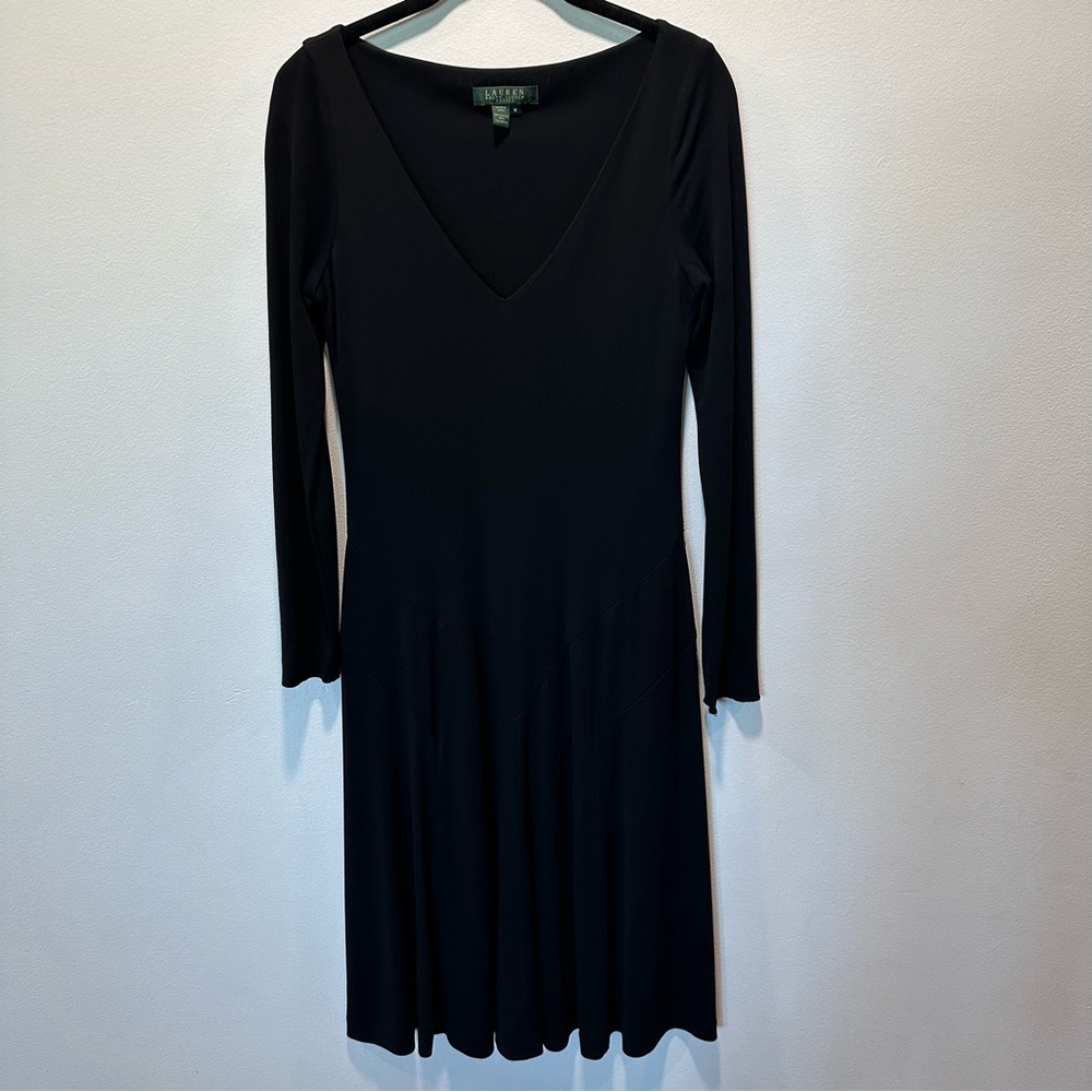 Lauren Ralph Lauren Black Jersey Knit Long Sleeve Midi Swing Dress Size Medium